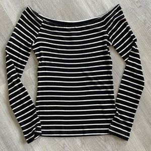 Capria Black and White Striped Off-the-Shoulder Top